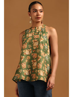 Soch - Green Linen Botanical Floral Print Top