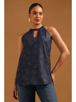 Soch - Navy Blue Linen Botanical Floral Print Top