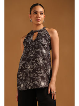 Soch - Black Linen Botanical Floral Print Top