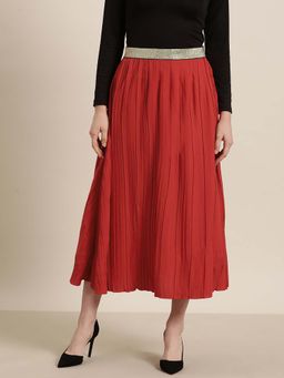 Qurvii - Red Long Pleated Glittery Elastic Waistband Party Skirt
