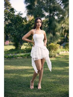 Lea Clothing - Pamila White Ruffle Asymmetrical Mini Skirt