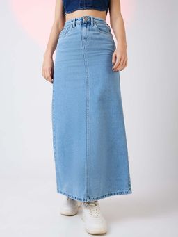 Globus - Women Light Blue Stretchable Mid Rise Back Slit Maxi Denim Pencil Skirt