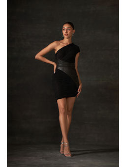 House of Exotique - Black Drape Dress with Leatherette Detailing