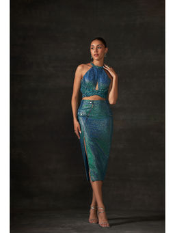 House of Exotique - Peacock Blue Swarovski Halter Neck Top with Fitted Pencil Skirt (Set of 2)