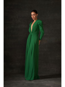 House of Exotique - Green Long Drape Dress with A Plunging Neckline