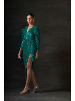 House of Exotique - Green Sequin Hand Embraided Drape Dress and A V Neckline