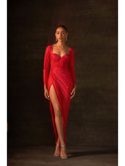 House of Exotique - Neon Pink Long Swarovski Drape Dress with A Thigh High Slit