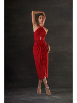 House of Exotique - Red Calf Lenth Halter Neck Dress