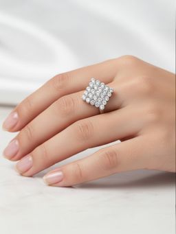 Accessher - Silver-Plated Square American Diamond Adjustable Cocktail Ring