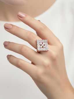 Accessher - Rose Gold Square American Diamond Adjustable Cocktail Ring