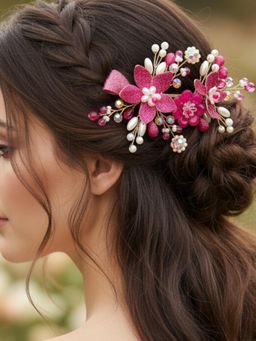 Accessher - Pink Floral Vine Tiara Bridal Bun Juda Hair Accessory