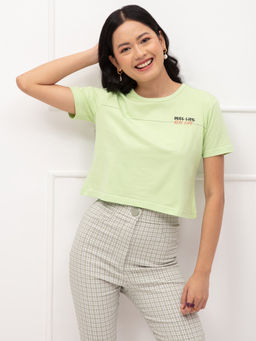 Twenty Dresses by Nykaa Fashion - Green Graphic Print Crew Neck Cropped T Shirt