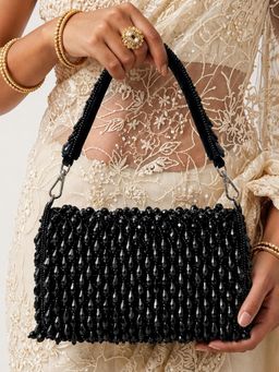 ARTKLIM - Black Beaded Fringe Clutch With Detachable Strap