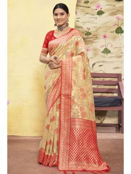 Sangam Prints - Beige Cotton Woven Zari Work Traditional Tassel Saree with Unstitched Blouse