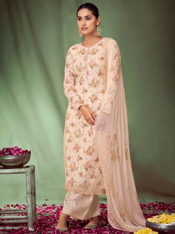 Stylee LIFESTYLE - Beige Cotton Jacquard Embroidered Dress Material