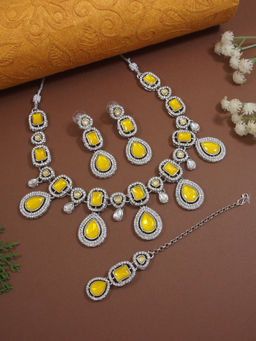 I Jewels - Yellow Silver-Plated Kundan and Stone Jewellery Set