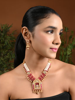 I Jewels - Pink Plated Traditional Kundan and Beaded Jewellery Set