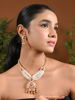 I Jewels - Gold Plated Pink Pearl Layered Kundan Work Jewellery Set