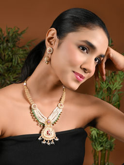 I Jewels - Green Traditional Kundan Gold Plated Pearl Jewellery Set