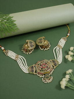 I Jewels - Multi-Color Kundan and Pearl Gold-Plated Choker Jewellery Set