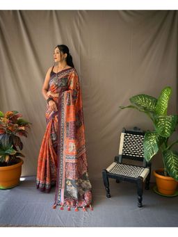 EXCLUSIVA - Orange Kalamkari Print Cotton Saree with Unstitched Blouse