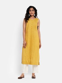 Fabindia - Yellow Cotton Straight Slim Fit Long Kurta (2XL)