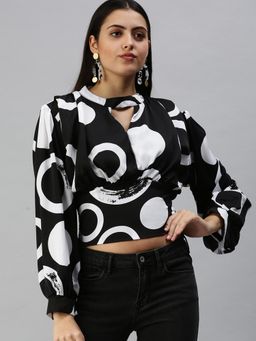 SHOWOFFFF - Women Keyhole Neck Balloon Sleeve Printed Black Crop Top