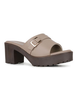 Inc.5 - Women Chikoo Beige Party Wear Solid Pattern Round Toe Block Heel Sandals