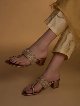 Inc.5 - Women Rose Golden Ethnic Embellished One Toe Block Heel Sandals