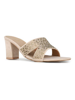 Inc.5 - Women Beige Party Wear Embellished Square Toe Block Heel Sandals