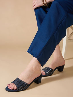 Inc.5 - Women Navy Blue Ethnic Embellished Round Toe Block Heel Sandals