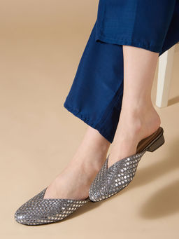 Inc.5 - Women Pewter Grey Ethnic Embellished Round Toe Block Heel Mules