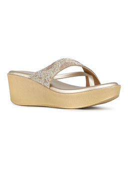 Inc.5 - Women Golden Ethnic Embellished Round Toe Wedges