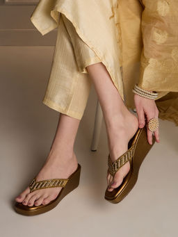 Inc.5 - Women Golden Party Wear Embellished Round Toe Wedges