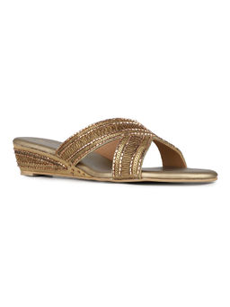 Inc.5 - Women Golden Ethnic Embellished Round Toe Wedges