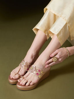 Inc.5 - Women Rose Golden Party Wear Embroidered One Toe Wedges