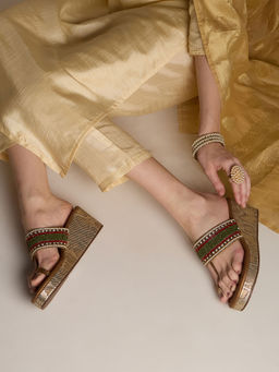 Inc.5 - Women Antique Gold Ethnic Embroidered One Toe Wedges