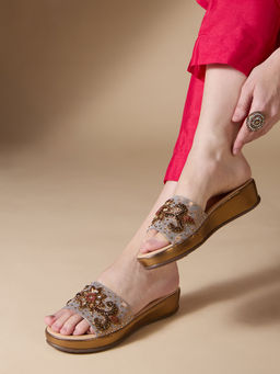 Inc.5 - Women Golden Ethnic Embellished Round Toe Flatform Sandals