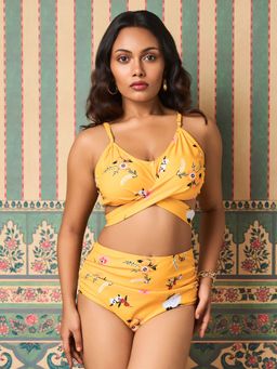 Addery - Yellow Floral Bikini Top and Bottom (Set of 2)