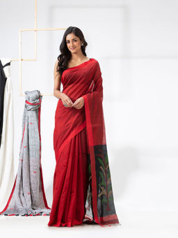 Angoshobha - Red Cotton Blended Handloom Jamdani Saree with Unstitched Blouse