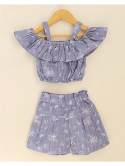 Woonie - Floral Crop Top with Pleated Shorts - Blue (Set of 2)