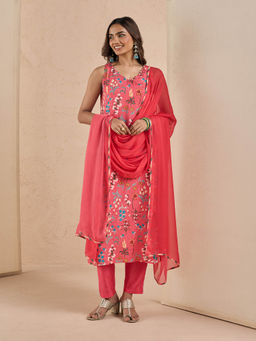 Likha - Modern Chintz Pink Muslin Digital Printed Kurta Pant and Dupatta LIKMCKS16 (Set of 3)