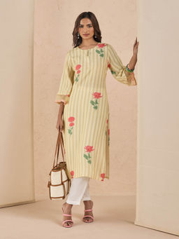 Likha - Modern Chintz Pale Yellow Muslin Digital Printed Kurta LIKMCKU01