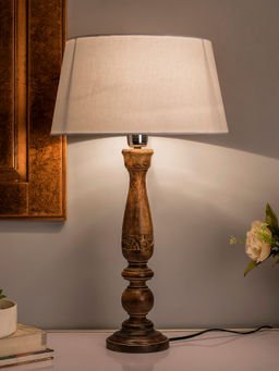 Homesake - Carved Black Wood Table Lamp White Drum