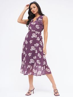 Kibo - Womens Deep Ruby V-neck Floral Fit & Flare Dress