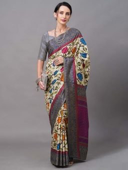 Akhilam - Women Manipuri Silk Cream Printed Designer Saree with Unstitched Blouse