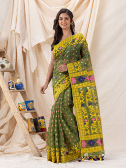 Angoshobha - Traditional Green & Yellow Soft Dhakai Jamdani Saree with Unstitched Blouse