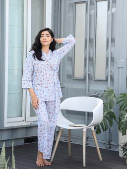 Dear Bed Comfort Clothing - Blue Kimono Gown Style Cotton Lounge Set