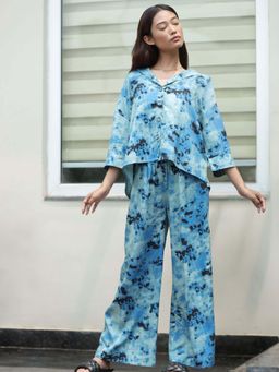 Dear Bed Comfort Clothing - Blue Oversized Shirt Pyjama Coord Set for Women