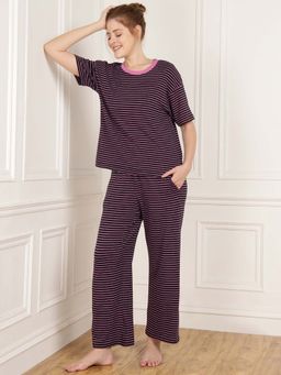 Dear Bed Comfort Clothing - Black Relaxed Fit Striped Tshirt & Pyjama (Set of 2)